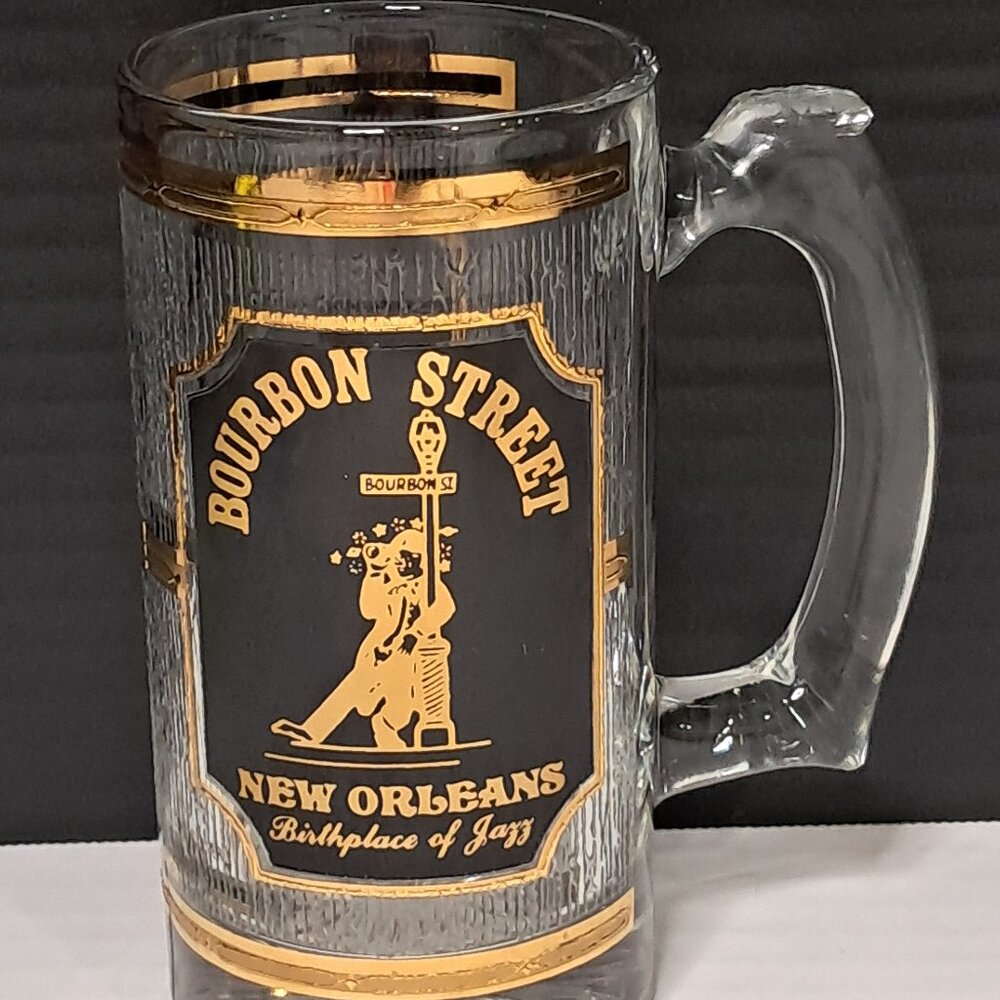 Bourbon St New Orleans Birthplace of Jazz Glass Stein 22 Karat Gold Trim